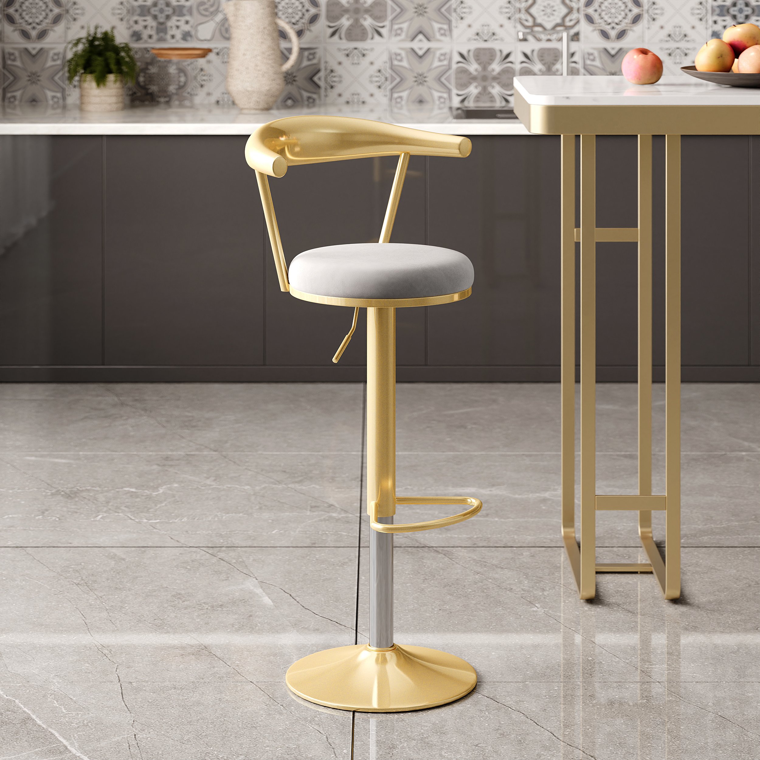 HMR Modern Adjustable Swivel Bar Stools or Counter Stools with Velvet Upholstery (Single) - Gray