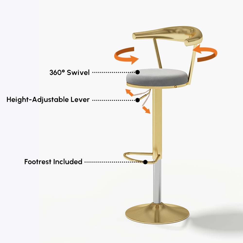 HMR Modern Adjustable Swivel Bar Stools or Counter Stools with Velvet Upholstery (Single) - Gray