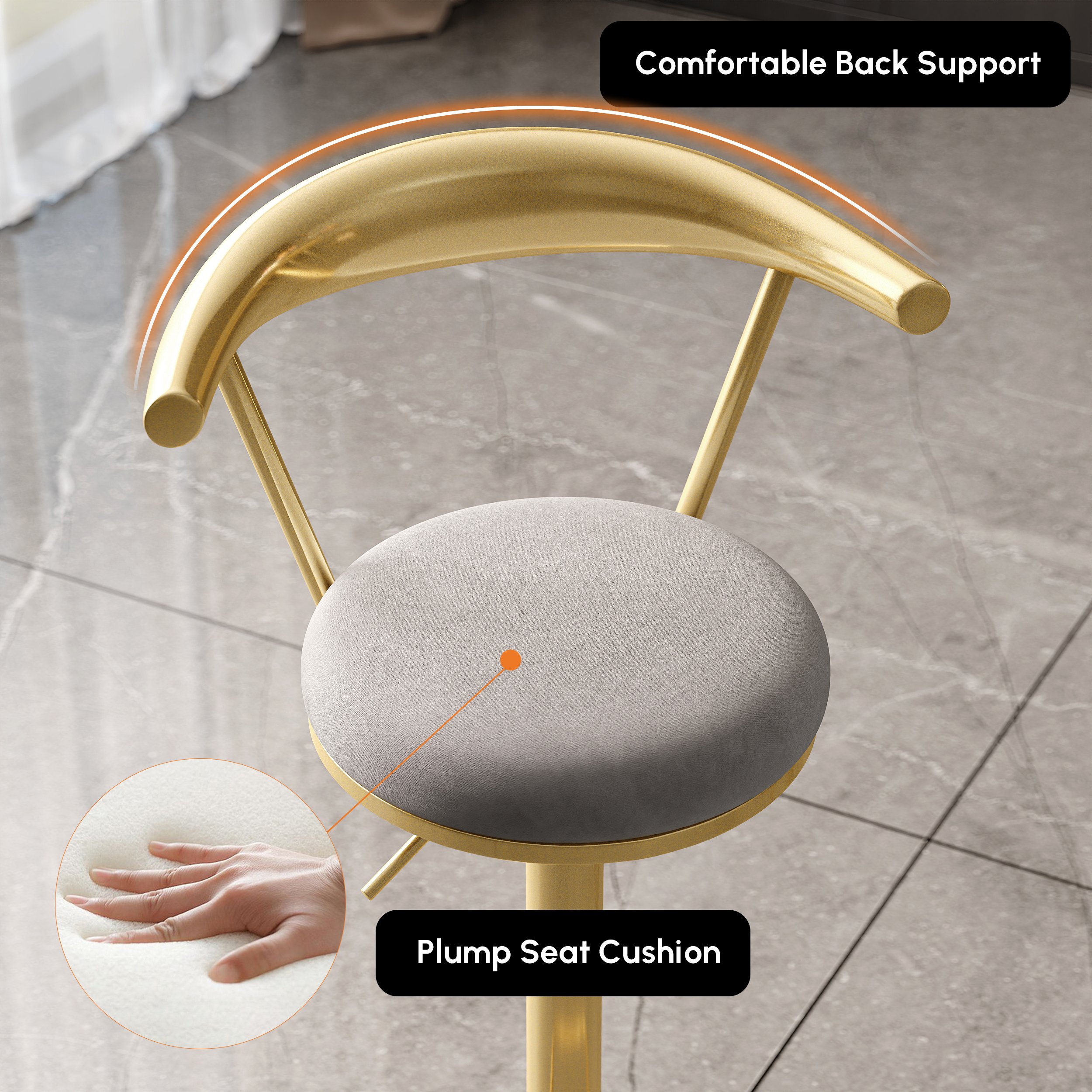 HMR Modern Adjustable Swivel Bar Stools or Counter Stools with Velvet Upholstery (Single) - Gray