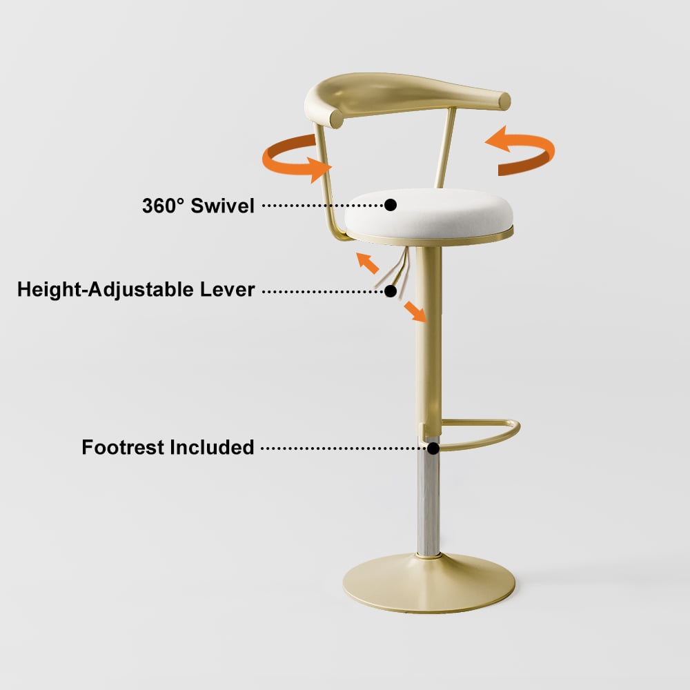 HMR Modern Adjustable Swivel Bar Stools or Counter Stools with Velvet Upholstery (Single) - White
