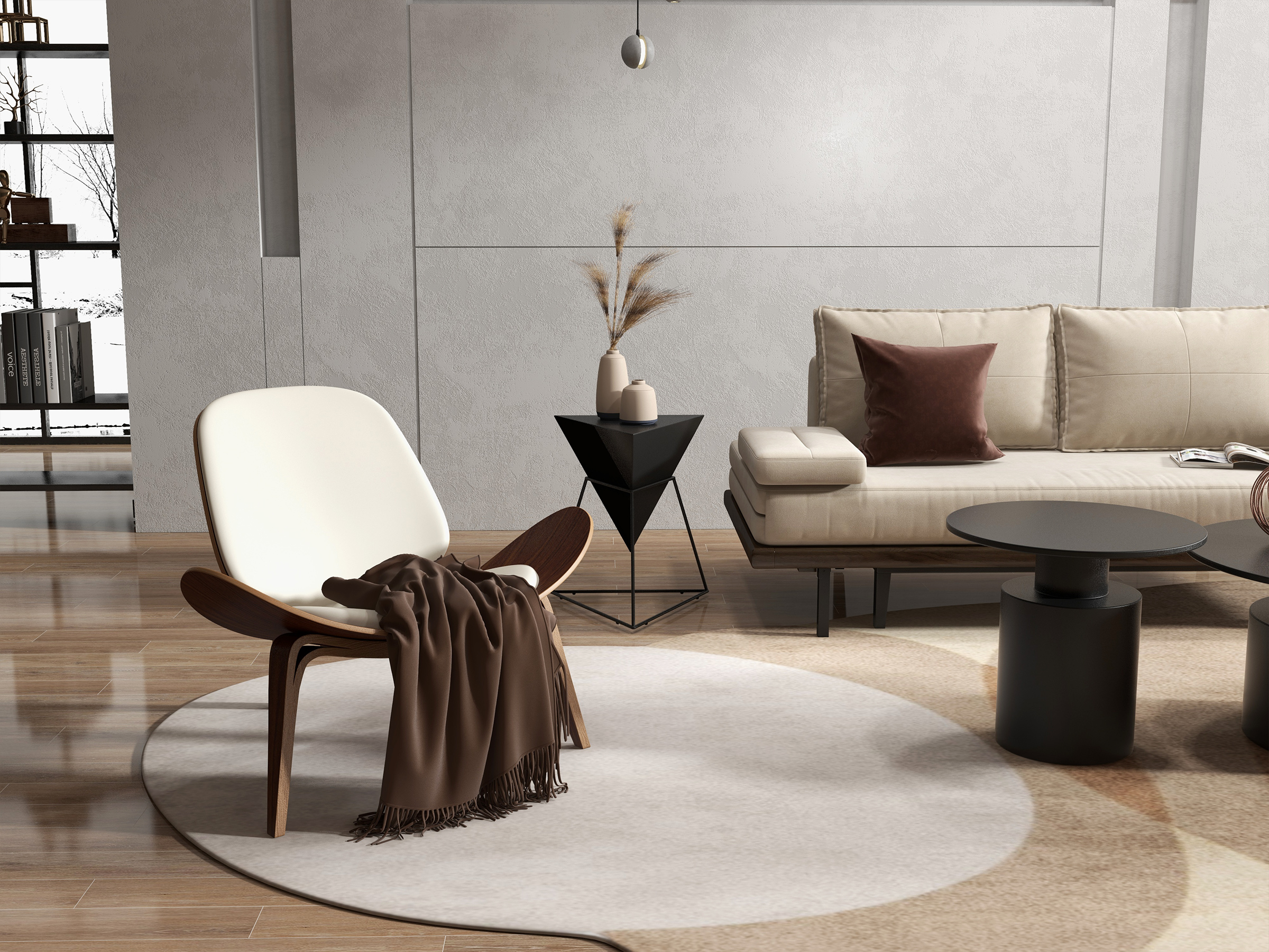 HMR Leather Walnut Tripod Accent Chair - White
