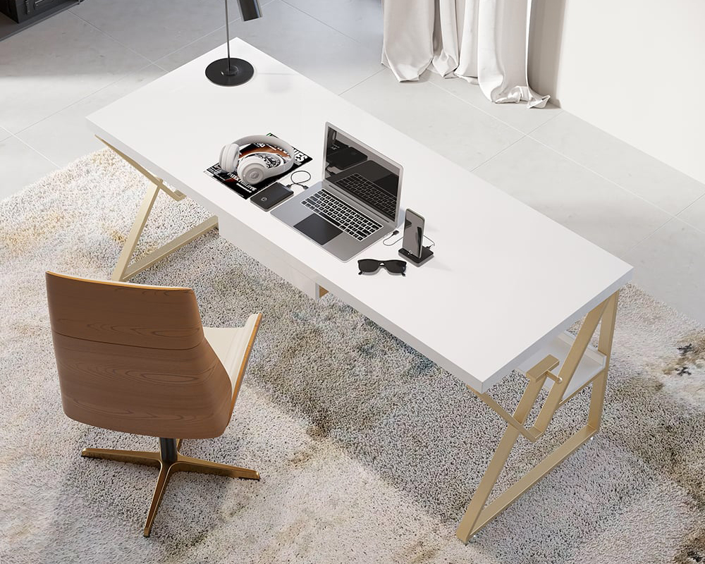 HMR Modern 71" Writing Desk with Drawer & Shelf - White