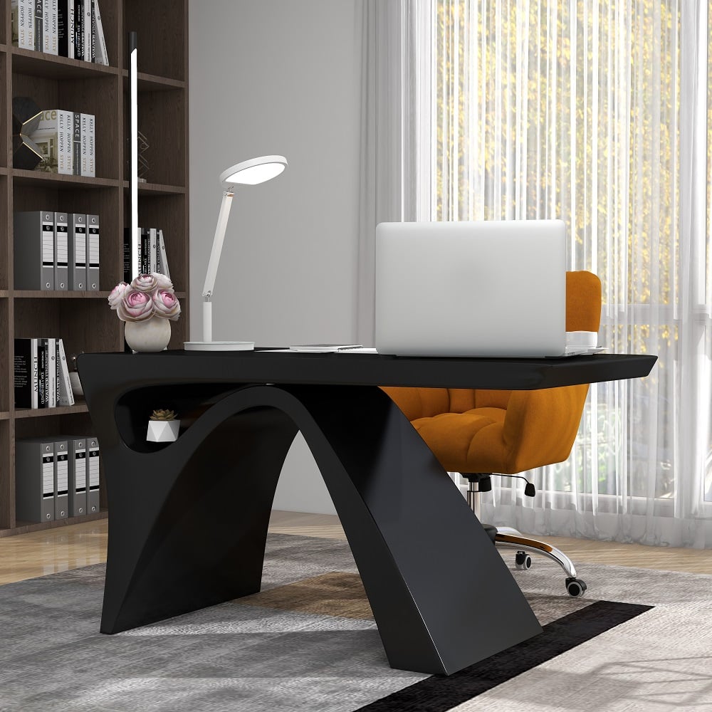 HMR Modern Computer Desk Rectangular Office Desk with Pedestal Base - Black, 55"