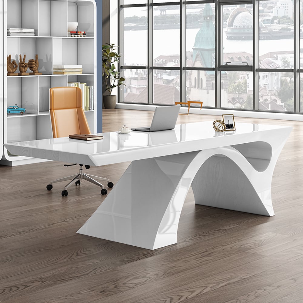 HMR Modern Computer Desk Rectangular Office Desk with Pedestal Base - White, 63"