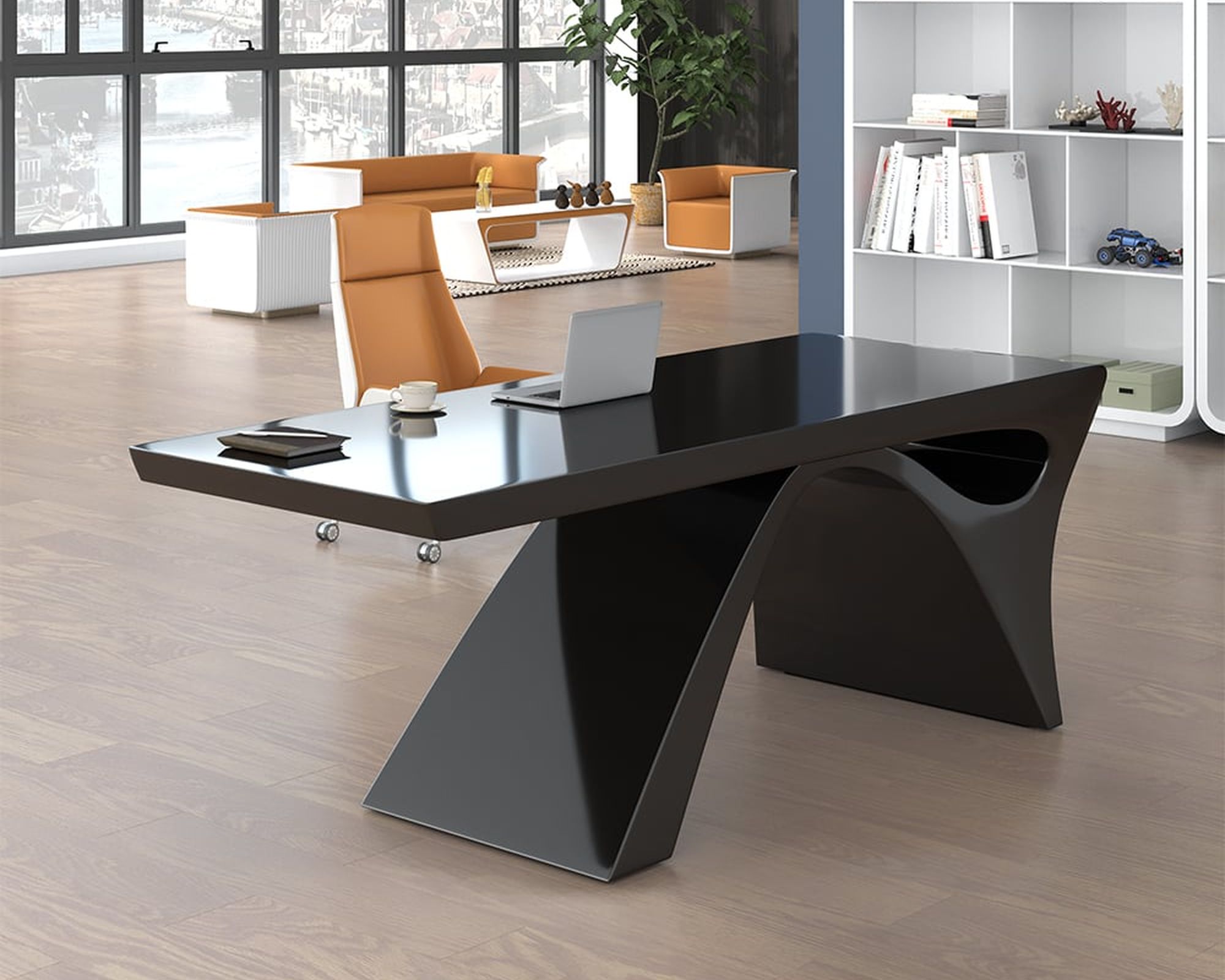 HMR Modern Computer Desk Rectangular Office Desk with Pedestal Base - Black, 71"