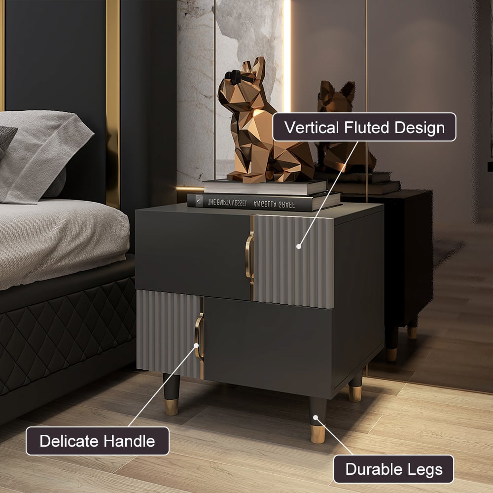 HMR - Modern Black & Gray Nightstand Bedroom Wooden Nightstand Bedside Table with 2 Drawers