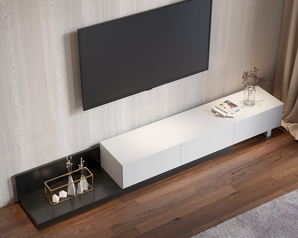 HMR Extendable Floor TV Stand with 3 Drawers (71"-120") - White & Black