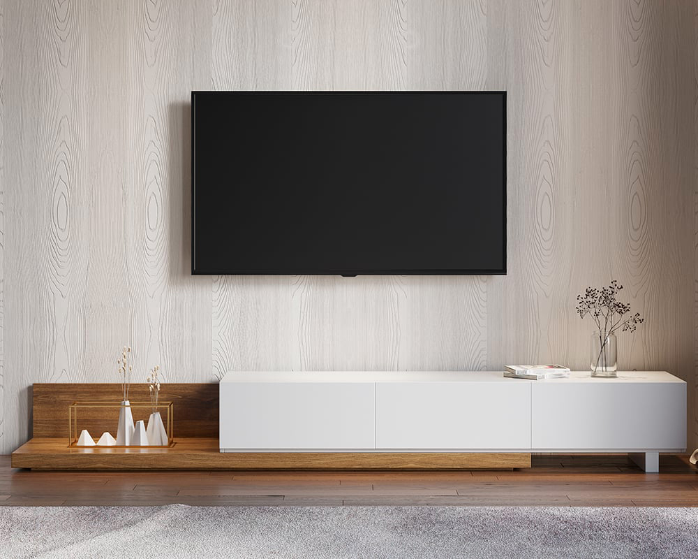 HMR Extendable Floor TV Stand with 3 Drawers (71"-120") - White & Walnut