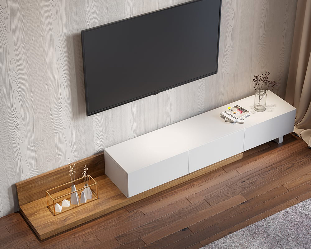 HMR Extendable Floor TV Stand with 3 Drawers (71"-120") - White & Walnut