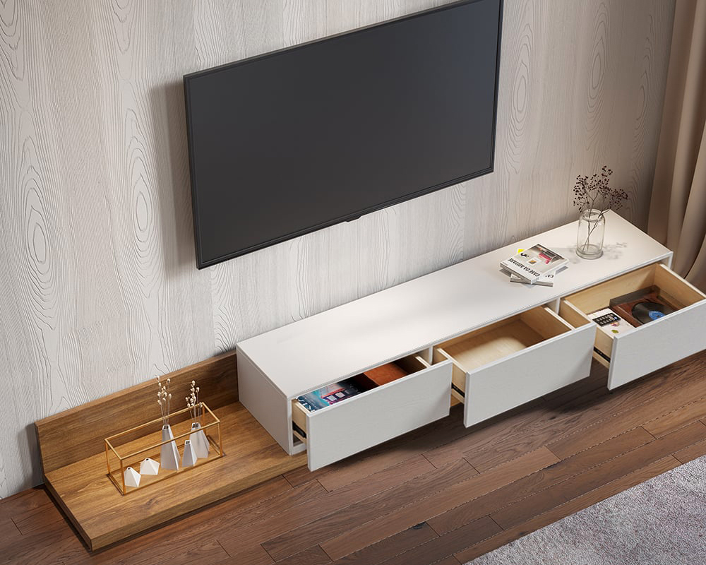 HMR Extendable Floor TV Stand with 3 Drawers (71"-120") - White & Walnut