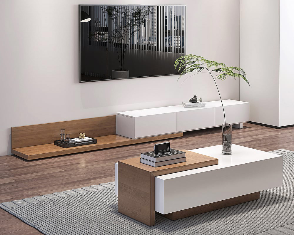 HMR Extendable Floor TV Stand with 3 Drawers (71"-120") - White & Walnut