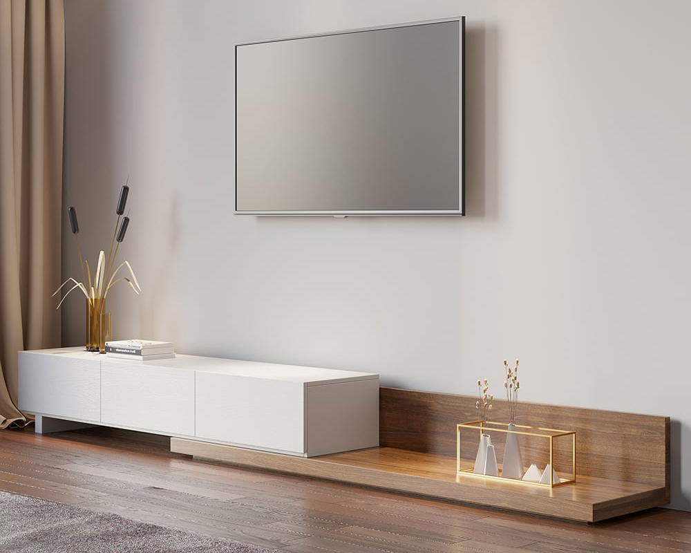 HMR Extendable Floor TV Stand with 3 Drawers (71"-120") - White & Walnut