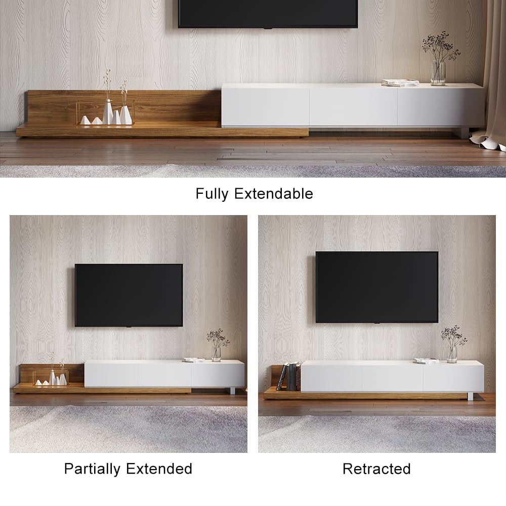 HMR Extendable Floor TV Stand with 3 Drawers (71"-120") - White & Walnut