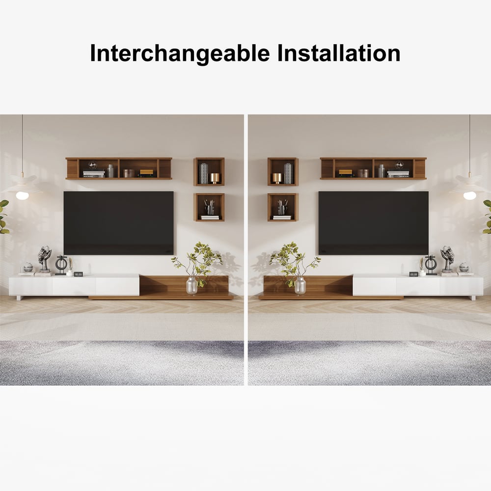HMR Extendable Floor TV Stand with 3 Drawers (71"-120") - White & Walnut