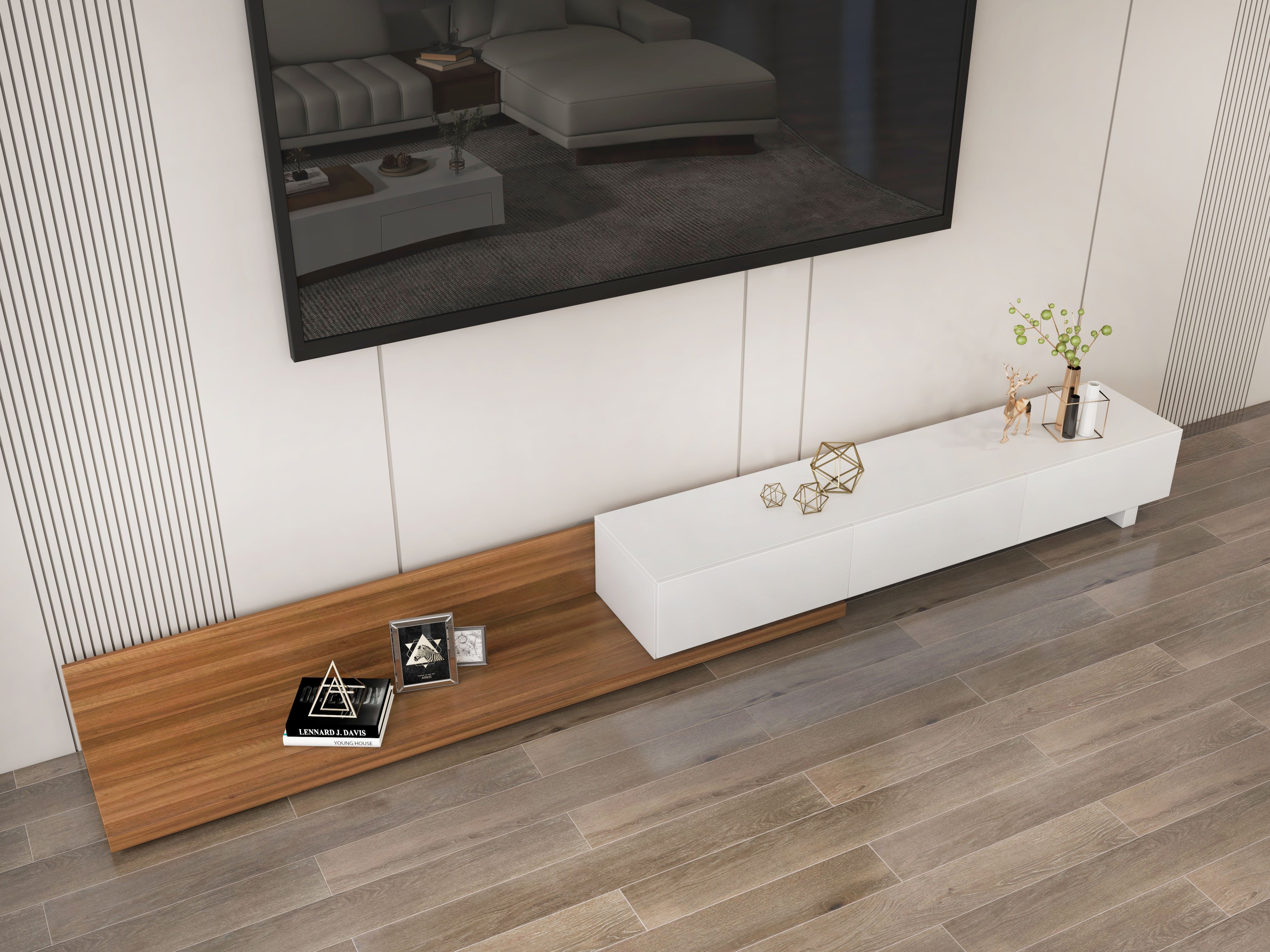 HMR Extendable Floor TV Stand with 3 Drawers (71"-120") - White & Walnut