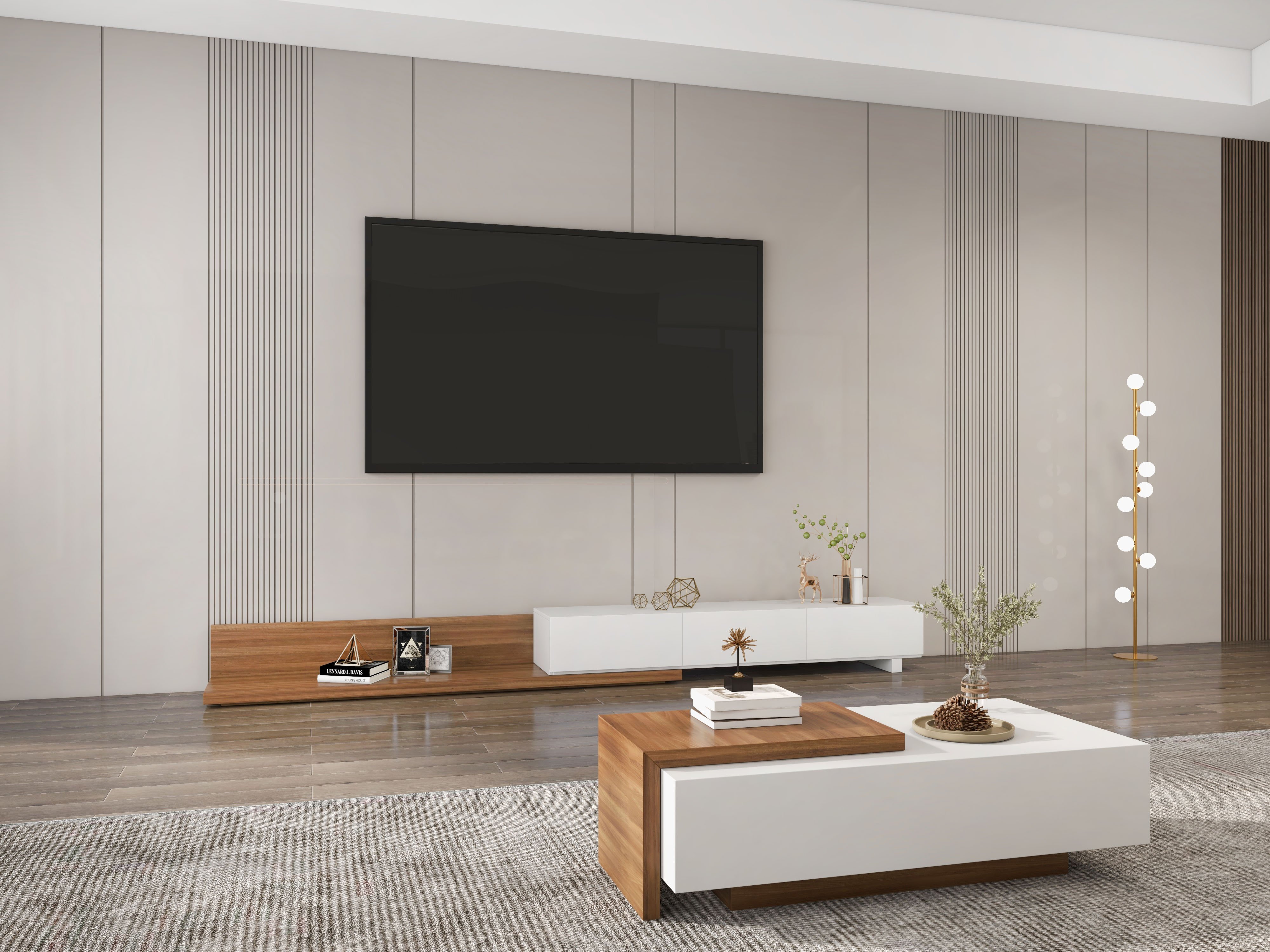 HMR Extendable Floor TV Stand with 3 Drawers (71"-120") - White & Walnut