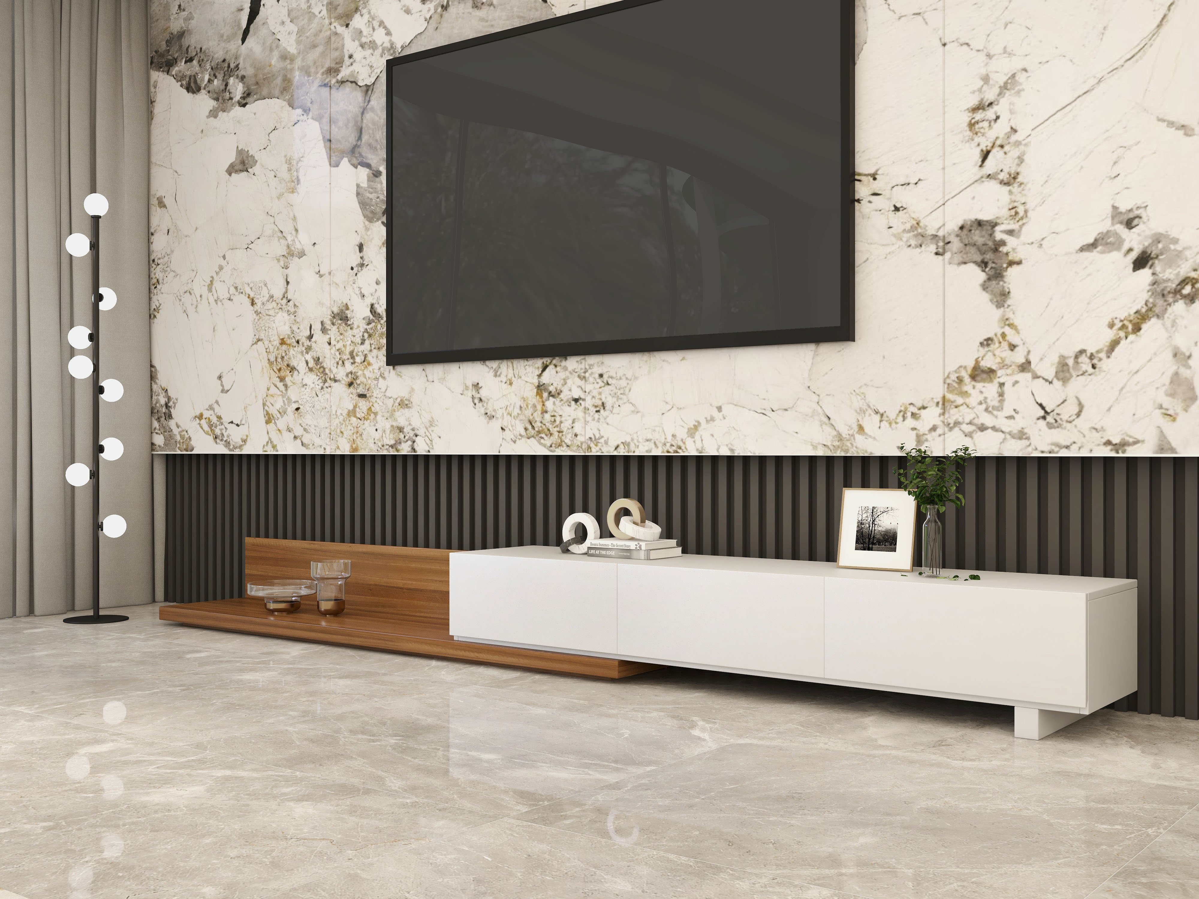 HMR Extendable Floor TV Stand with 3 Drawers (71"-120") - White & Walnut