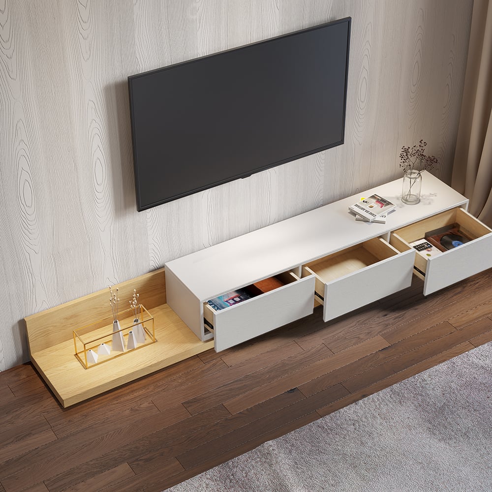 HMR Extendable Floor TV Stand with 3 Drawers (71"-120") - Natural & White