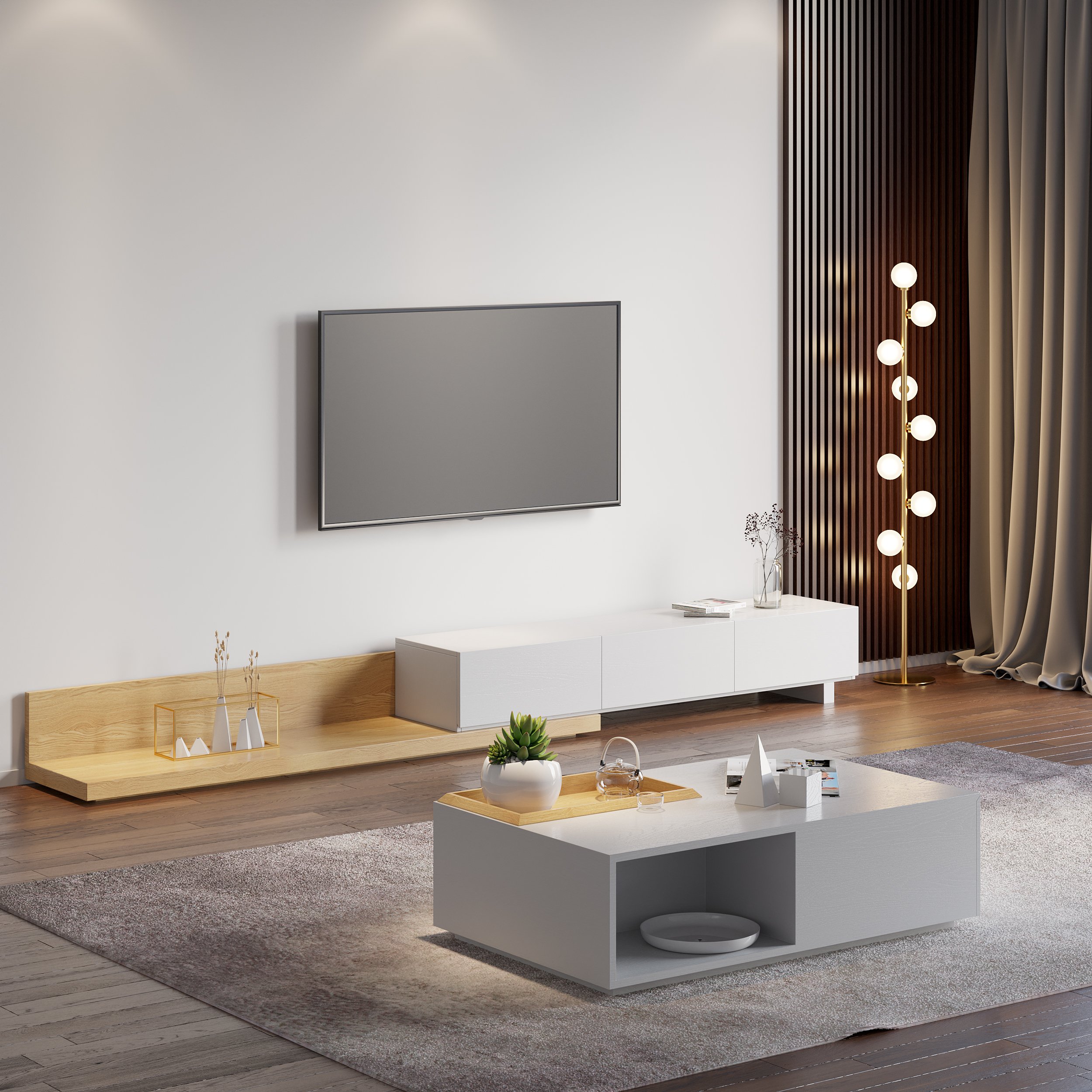 HMR Extendable Floor TV Stand with 3 Drawers (71"-120") - Natural & White