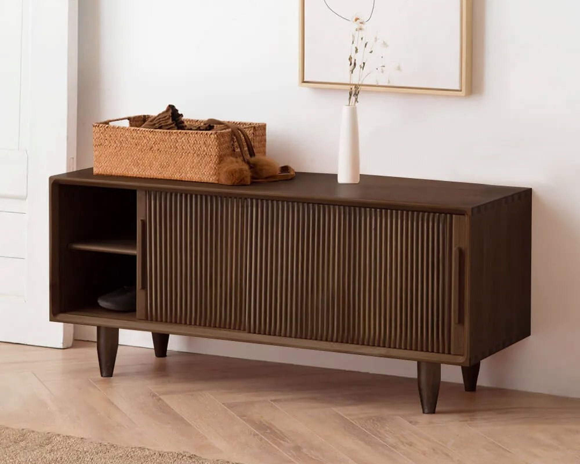 HMR - 39.4" Modern Wooden Storage Bench with Storage Sliding Doors Shelf Pine Wood