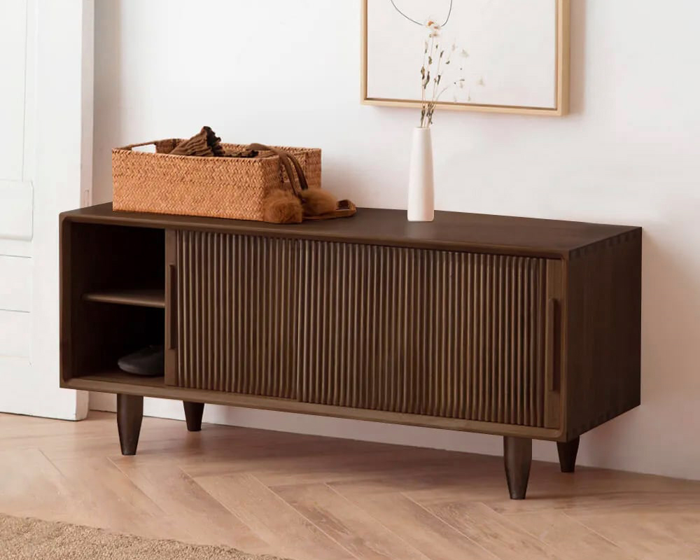 HMR - 39.4" Modern Wooden Storage Bench with Storage Sliding Doors Shelf Pine Wood