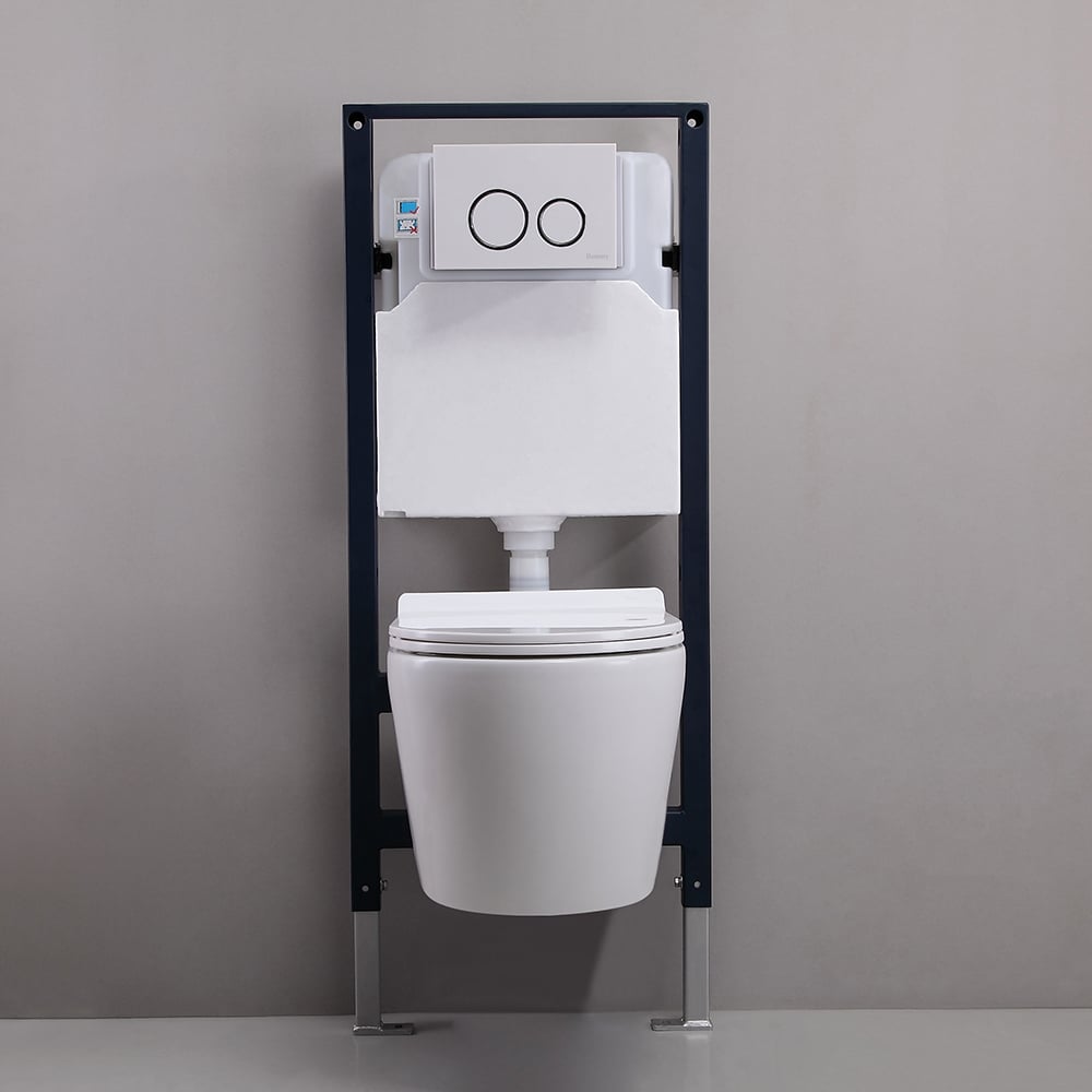 HMR - Modern Flush Elongated Wall Hung Toilet with In-Wall Tank and Carrier System in White