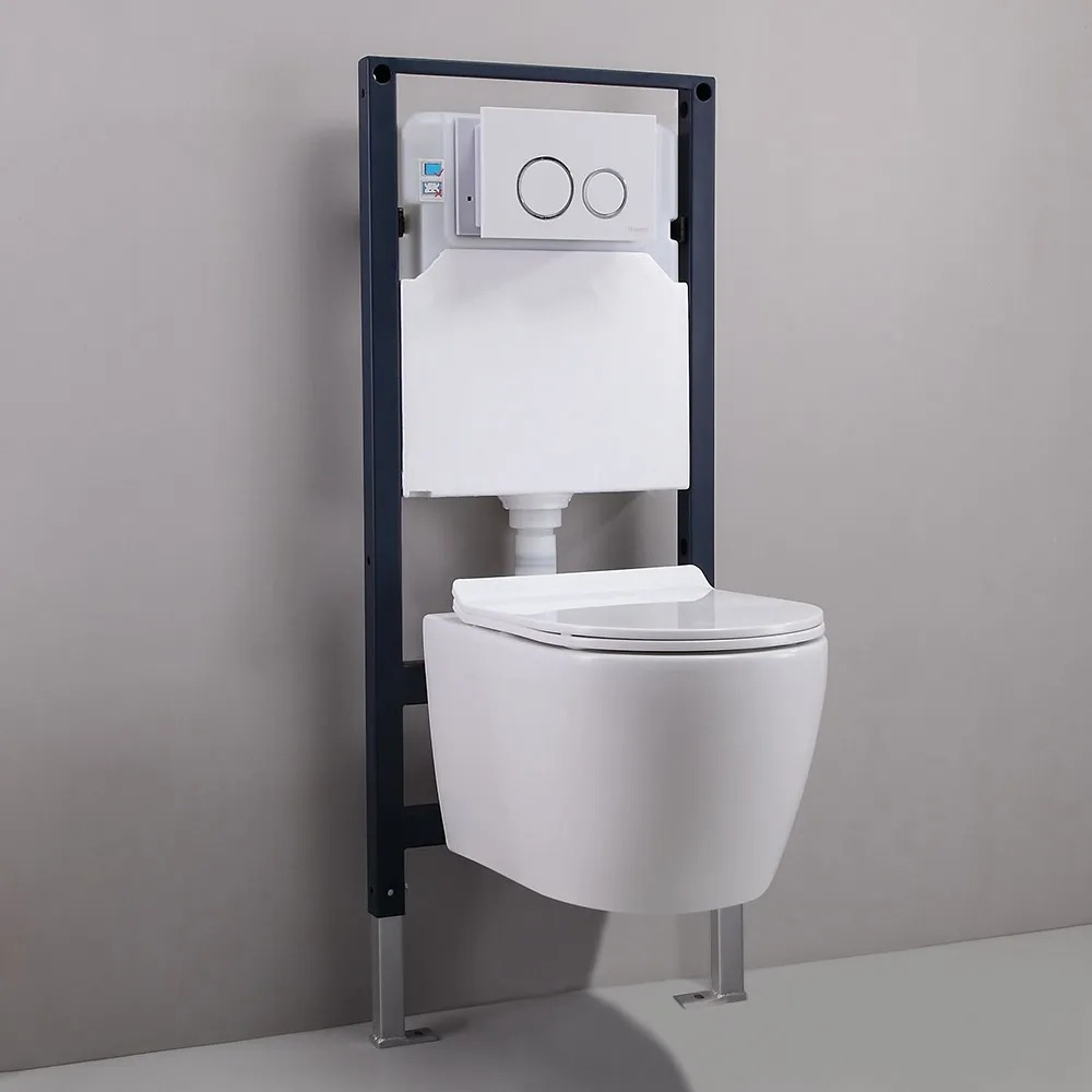 HMR - Modern Flush Elongated Wall Hung Toilet with In-Wall Tank and Carrier System in White