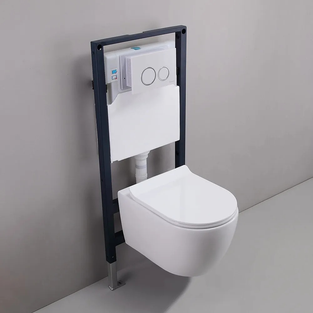 HMR - Modern Flush Elongated Wall Hung Toilet with In-Wall Tank and Carrier System in White