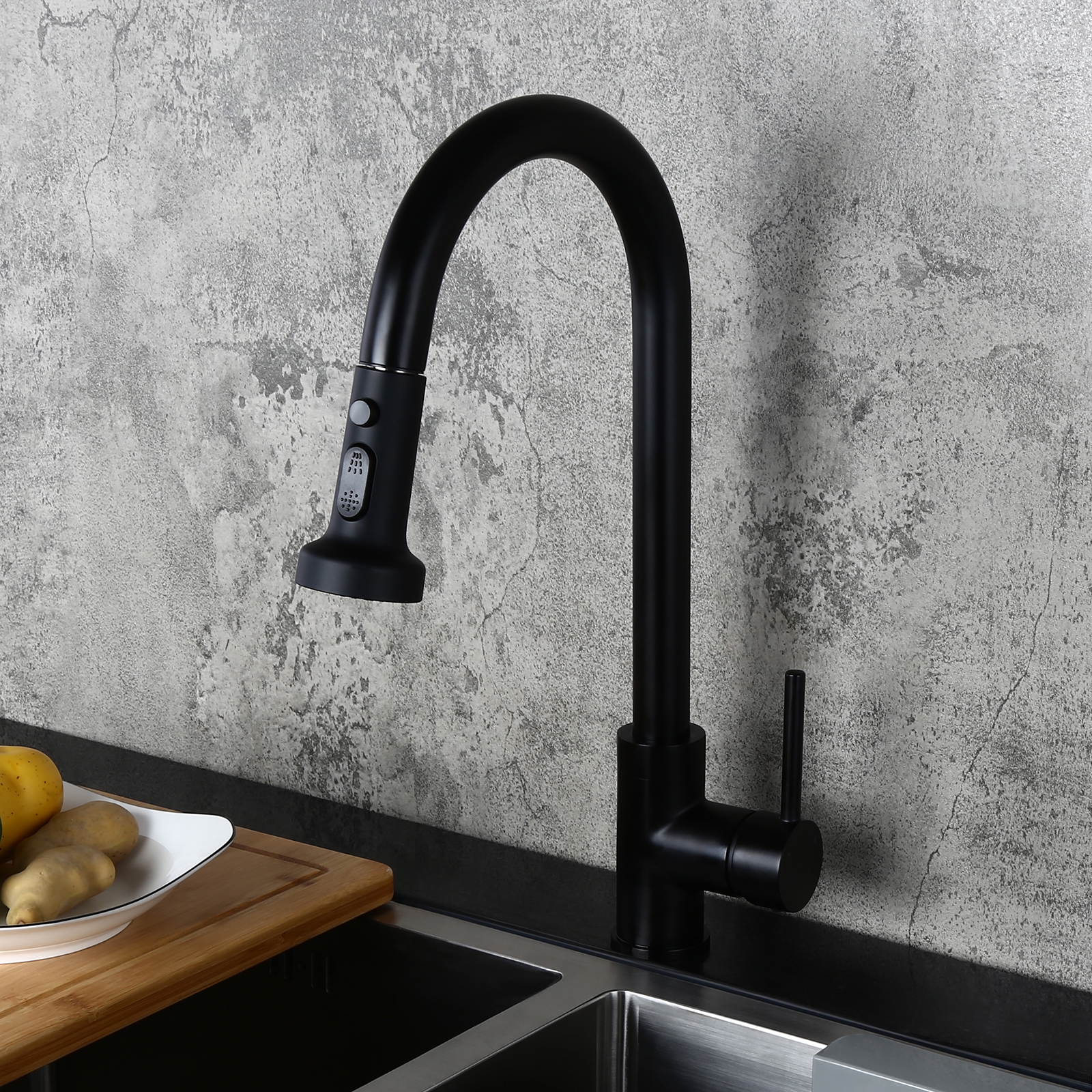 HMR - Commercial 3-Function Pull Down Kitchen Sink Faucet with Deck Plate in Black