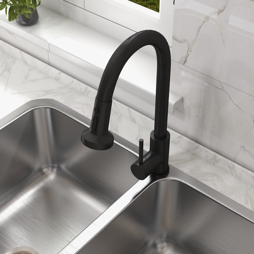 HMR - Commercial 3-Function Pull Down Kitchen Sink Faucet with Deck Plate in Black