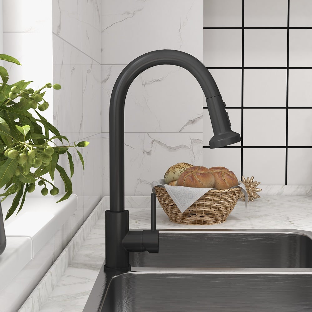 HMR - Commercial 3-Function Pull Down Kitchen Sink Faucet with Deck Plate in Black