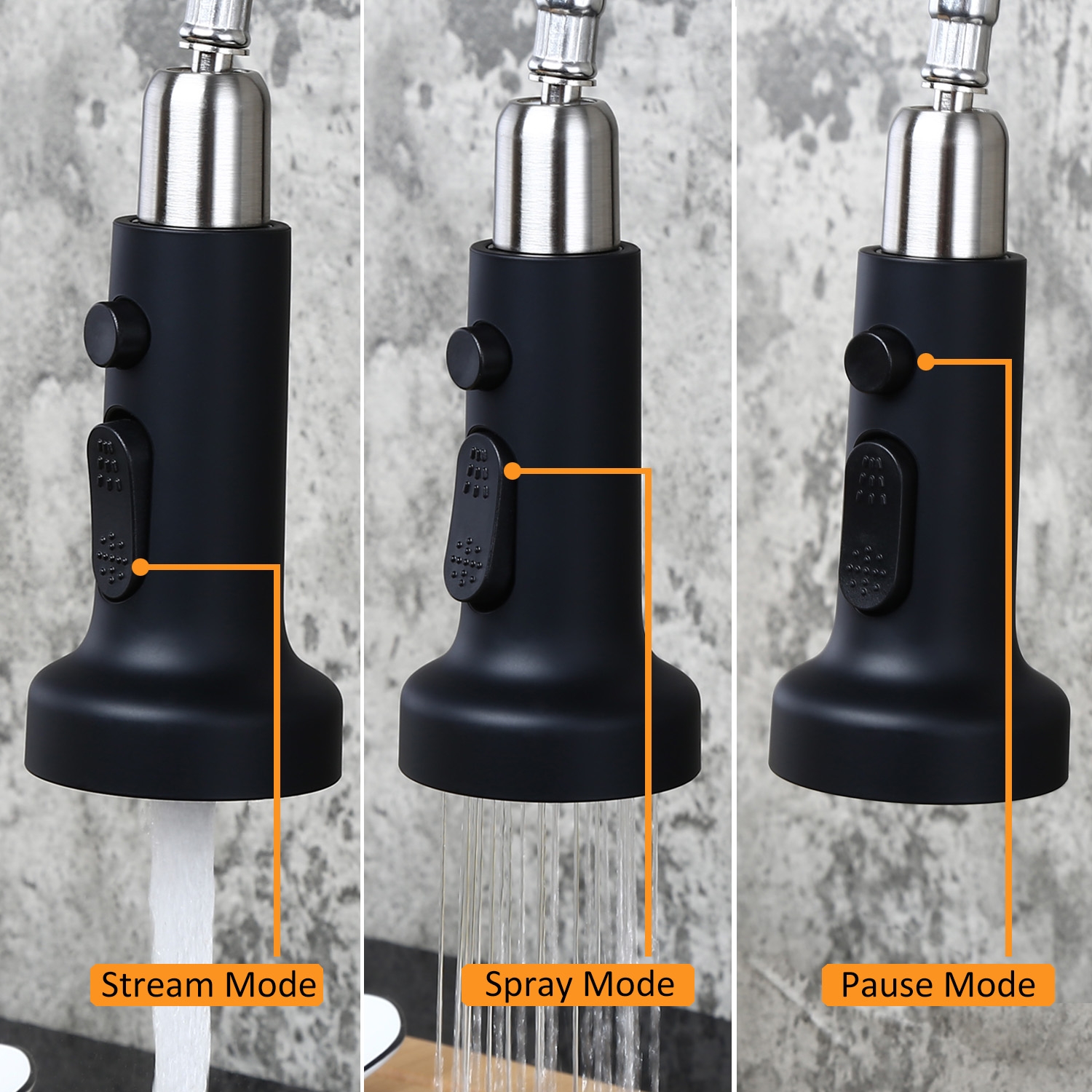 HMR - Commercial 3-Function Pull Down Kitchen Sink Faucet with Deck Plate in Black