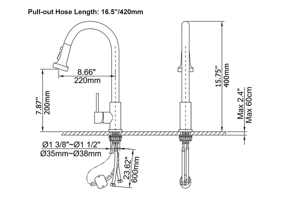 HMR - Commercial 3-Function Pull Down Kitchen Sink Faucet with Deck Plate in Black