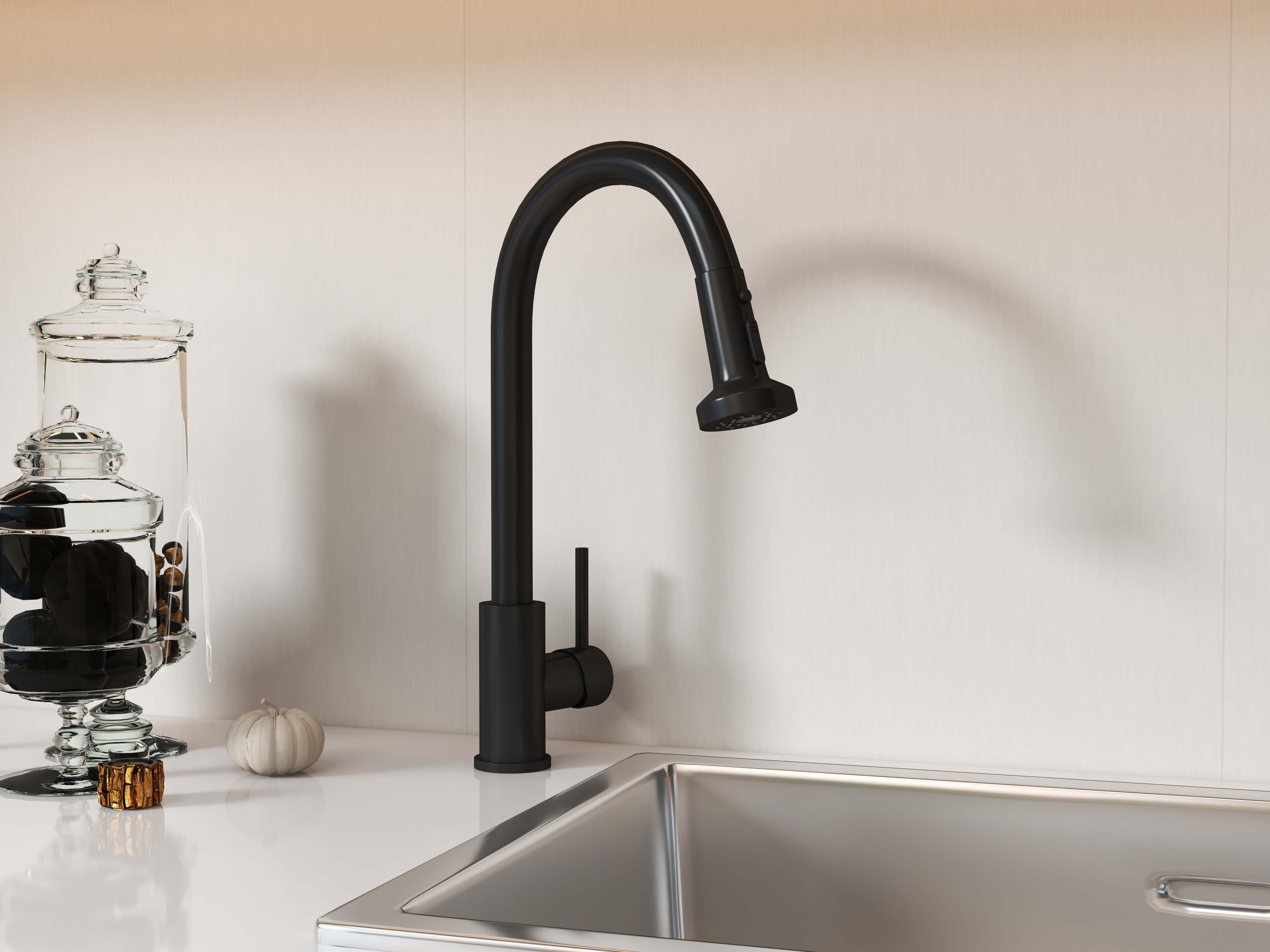 HMR - Commercial 3-Function Pull Down Kitchen Sink Faucet with Deck Plate in Black