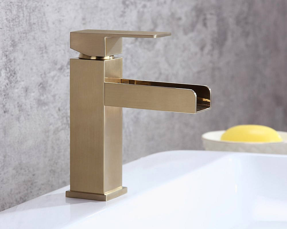 HMR Modern Single Handle 1-Hole Waterfall Bathroom Sink Faucet - Brushed Gold