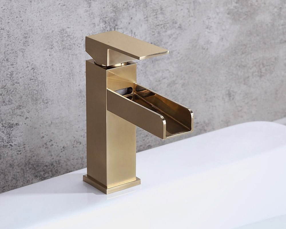HMR Modern Single Handle 1-Hole Waterfall Bathroom Sink Faucet - Brushed Gold