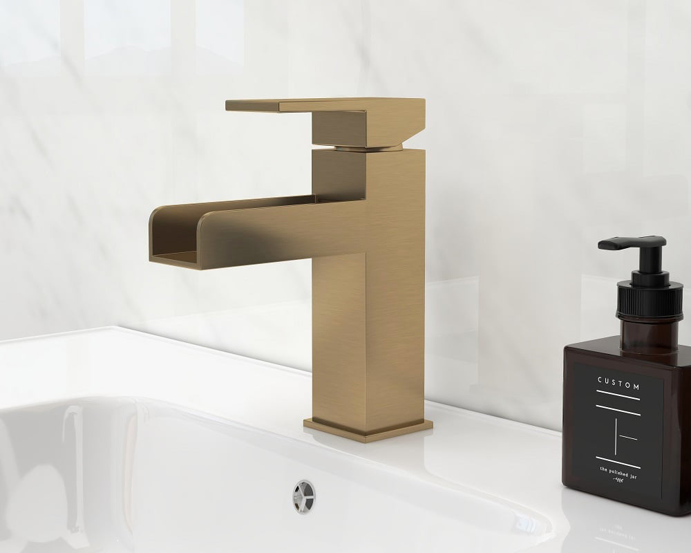 HMR Modern Single Handle 1-Hole Waterfall Bathroom Sink Faucet - Brushed Gold