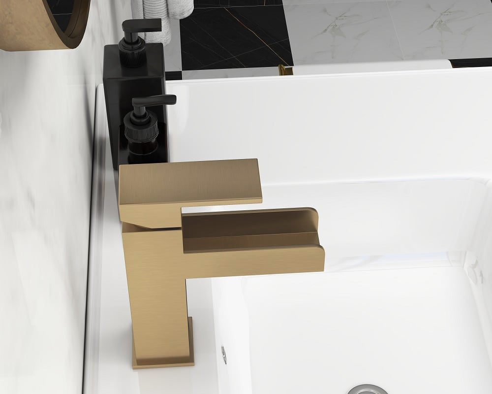 HMR Modern Single Handle 1-Hole Waterfall Bathroom Sink Faucet - Brushed Gold