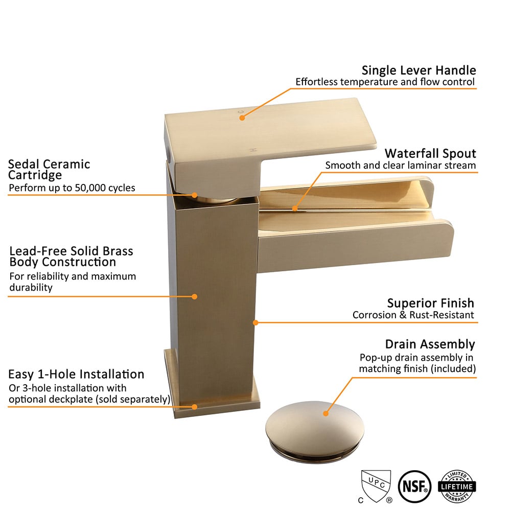 HMR Modern Single Handle 1-Hole Waterfall Bathroom Sink Faucet - Brushed Gold