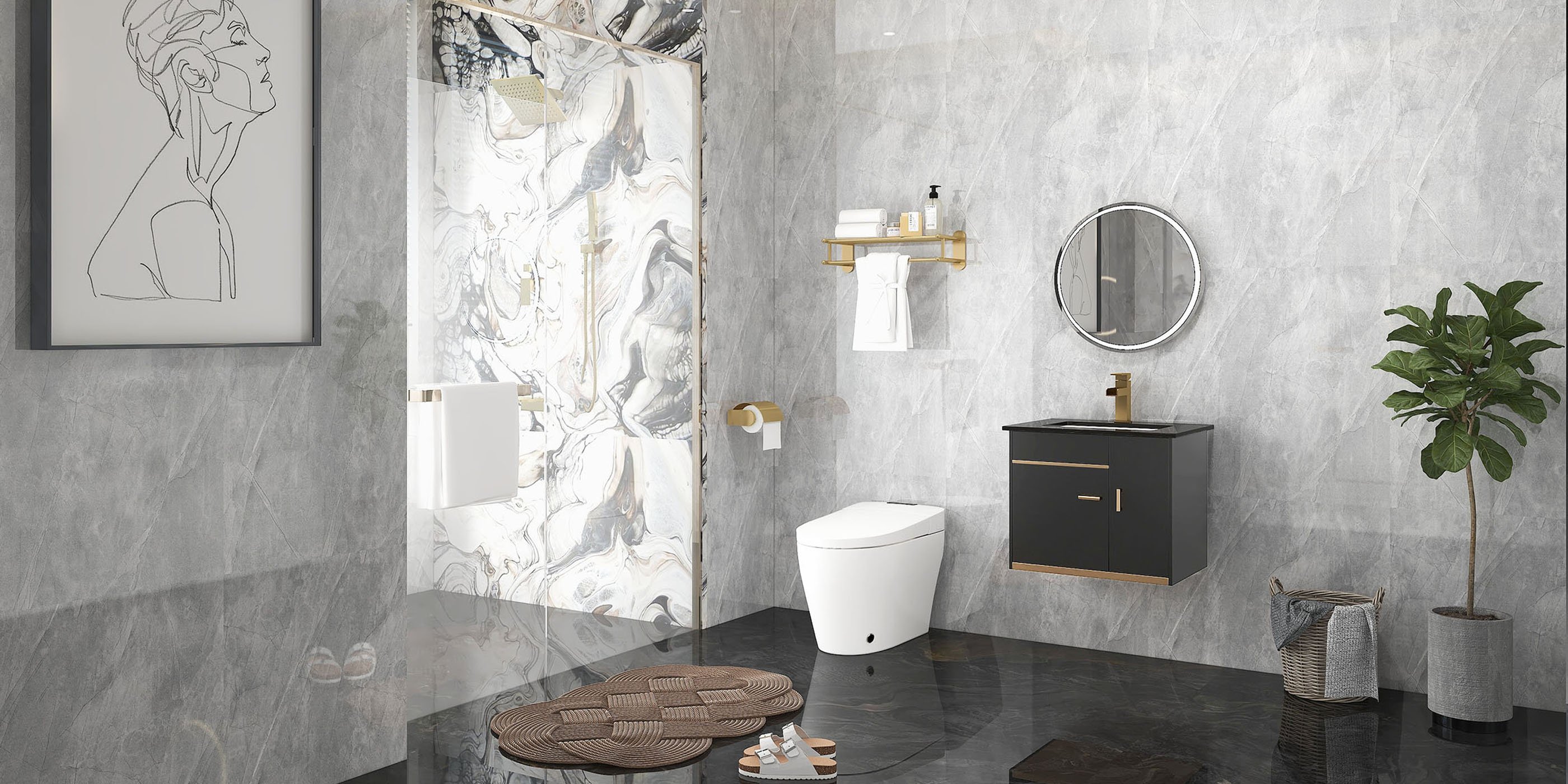 HMR Modern Single Handle 1-Hole Waterfall Bathroom Sink Faucet - Brushed Gold