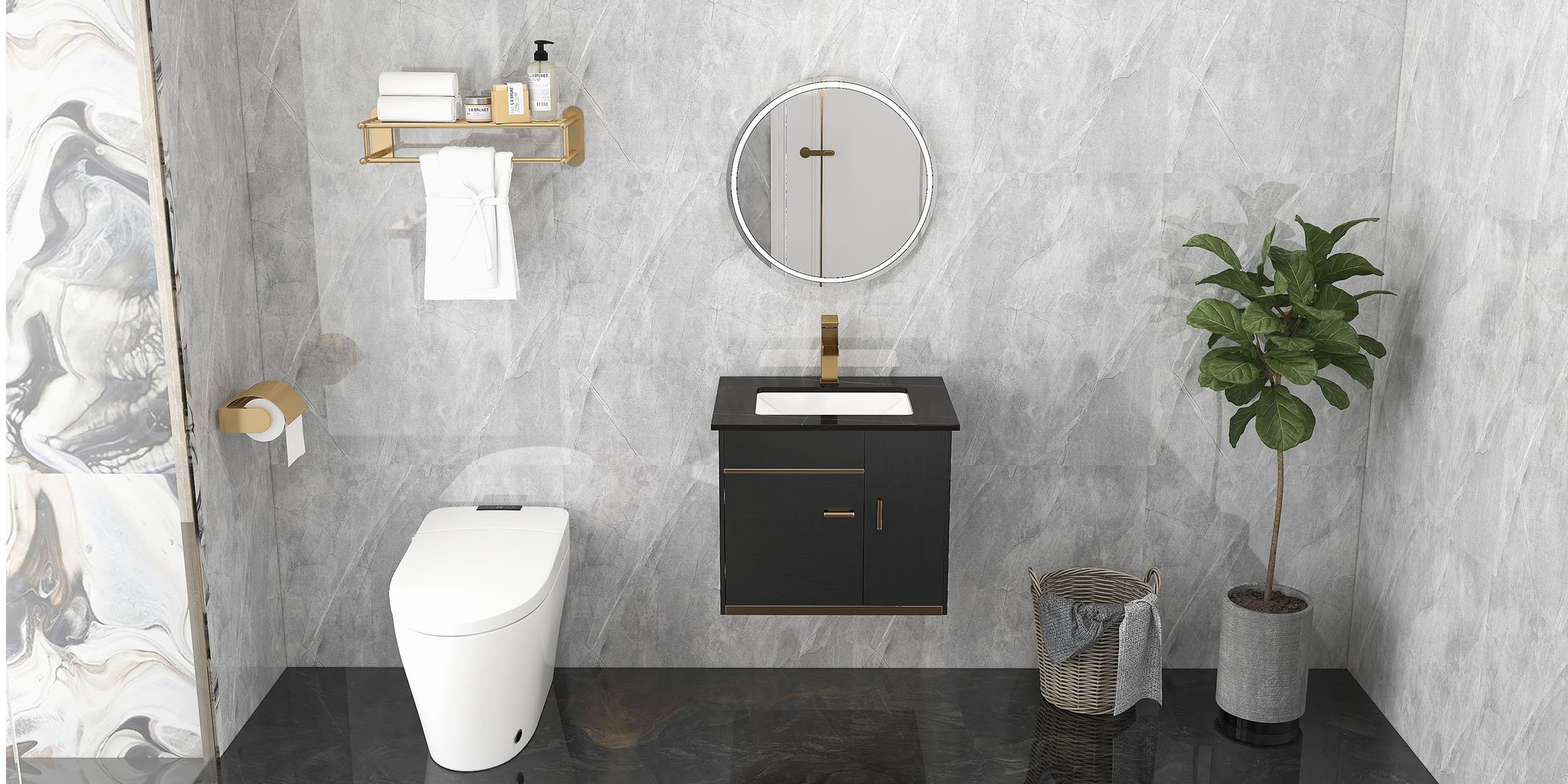 HMR Modern Single Handle 1-Hole Waterfall Bathroom Sink Faucet - Brushed Gold