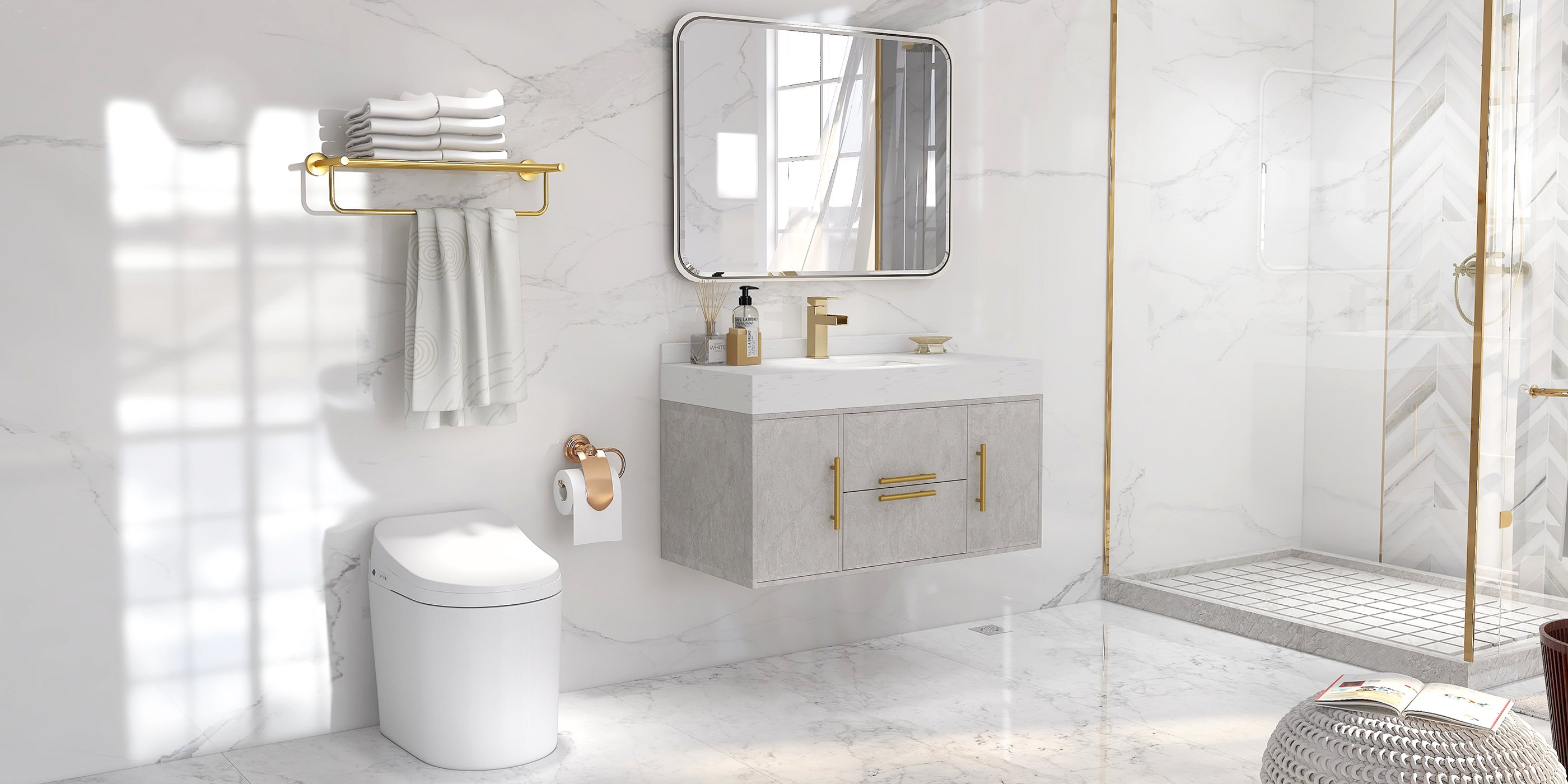 HMR Modern Single Handle 1-Hole Waterfall Bathroom Sink Faucet - Brushed Gold