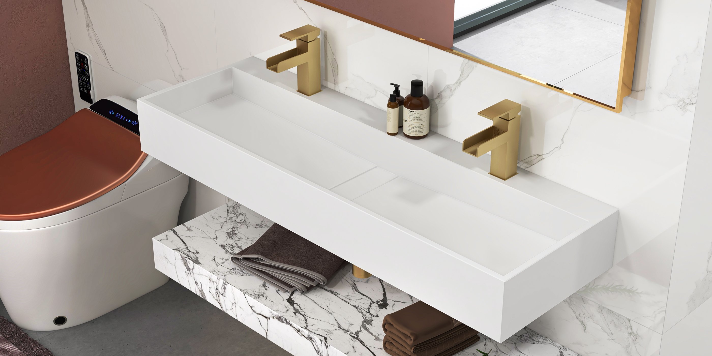 HMR Modern Single Handle 1-Hole Waterfall Bathroom Sink Faucet - Brushed Gold
