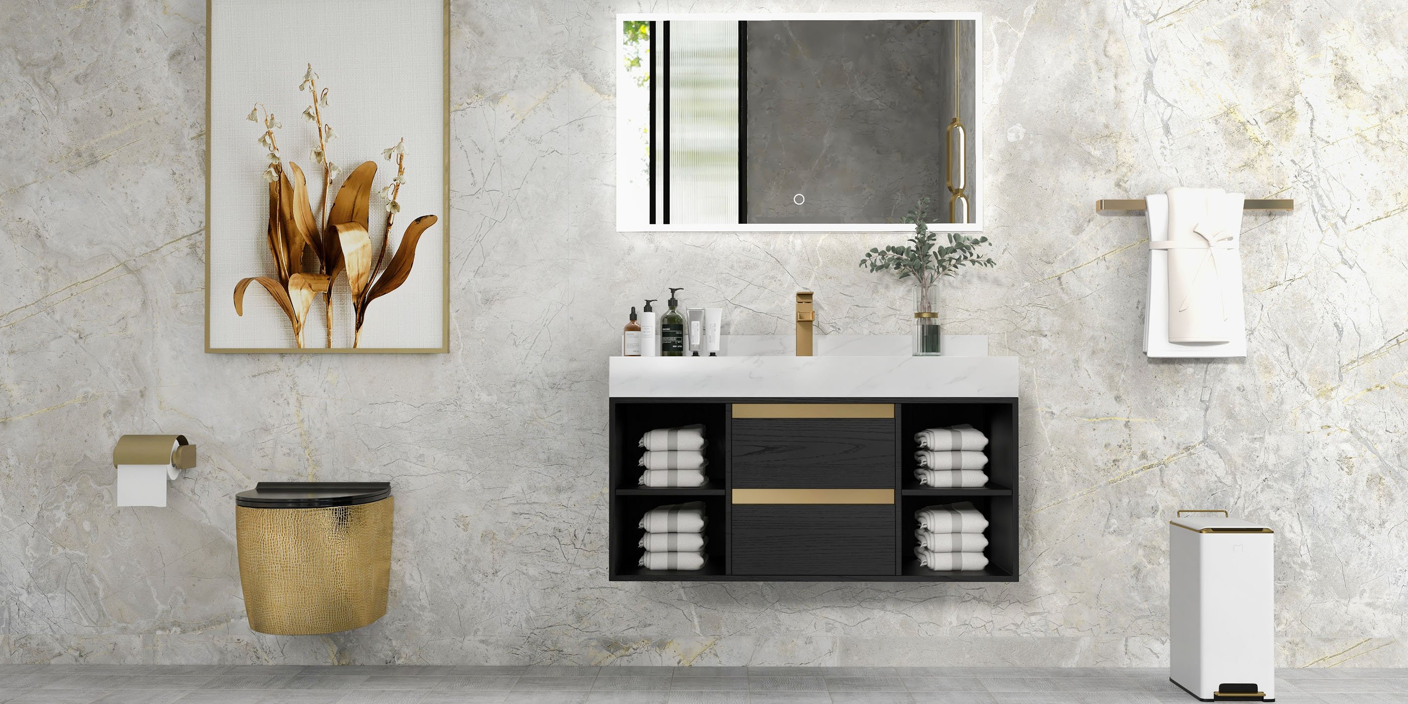 HMR Modern Single Handle 1-Hole Waterfall Bathroom Sink Faucet - Brushed Gold