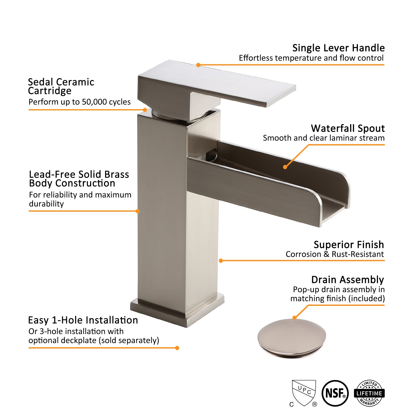 HMR - Modern Single Handle 1-Hole Waterfall Bathroom Sink Faucet