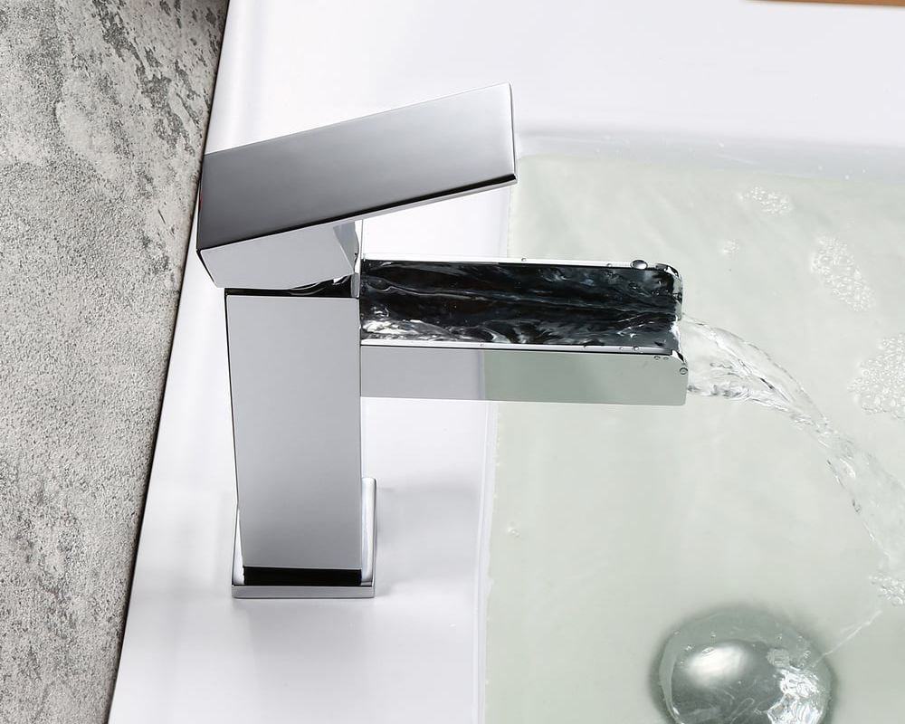 HMR Modern Single Handle 1-Hole Waterfall Bathroom Sink Faucet - Brushed Chrome