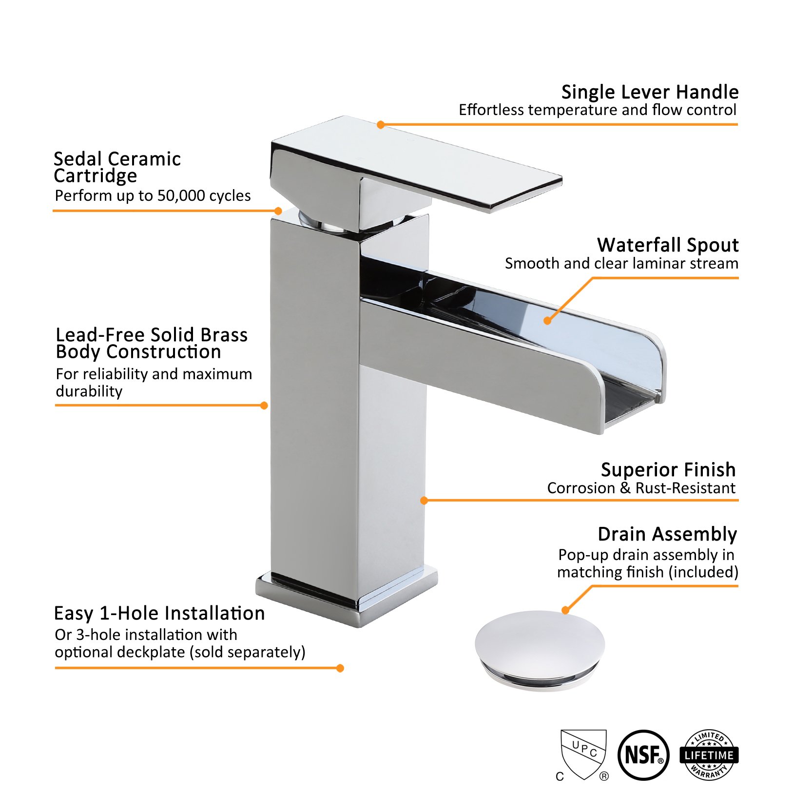 HMR Modern Single Handle 1-Hole Waterfall Bathroom Sink Faucet - Brushed Chrome