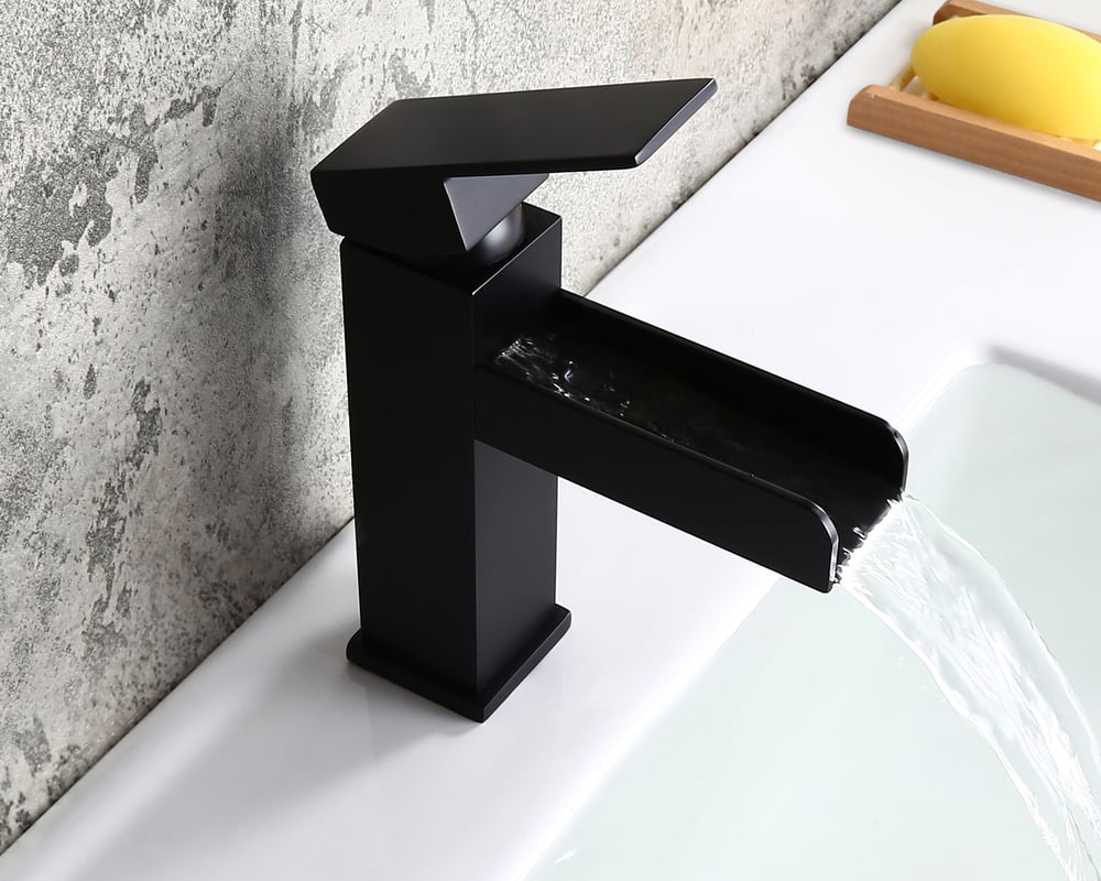 HMR Modern Single Handle 1-Hole Waterfall Bathroom Sink Faucet - Matte Black