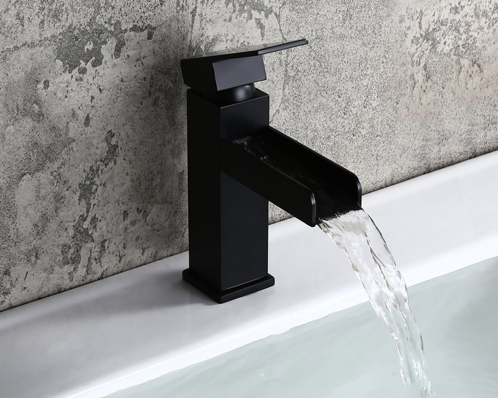 HMR Modern Single Handle 1-Hole Waterfall Bathroom Sink Faucet - Matte Black
