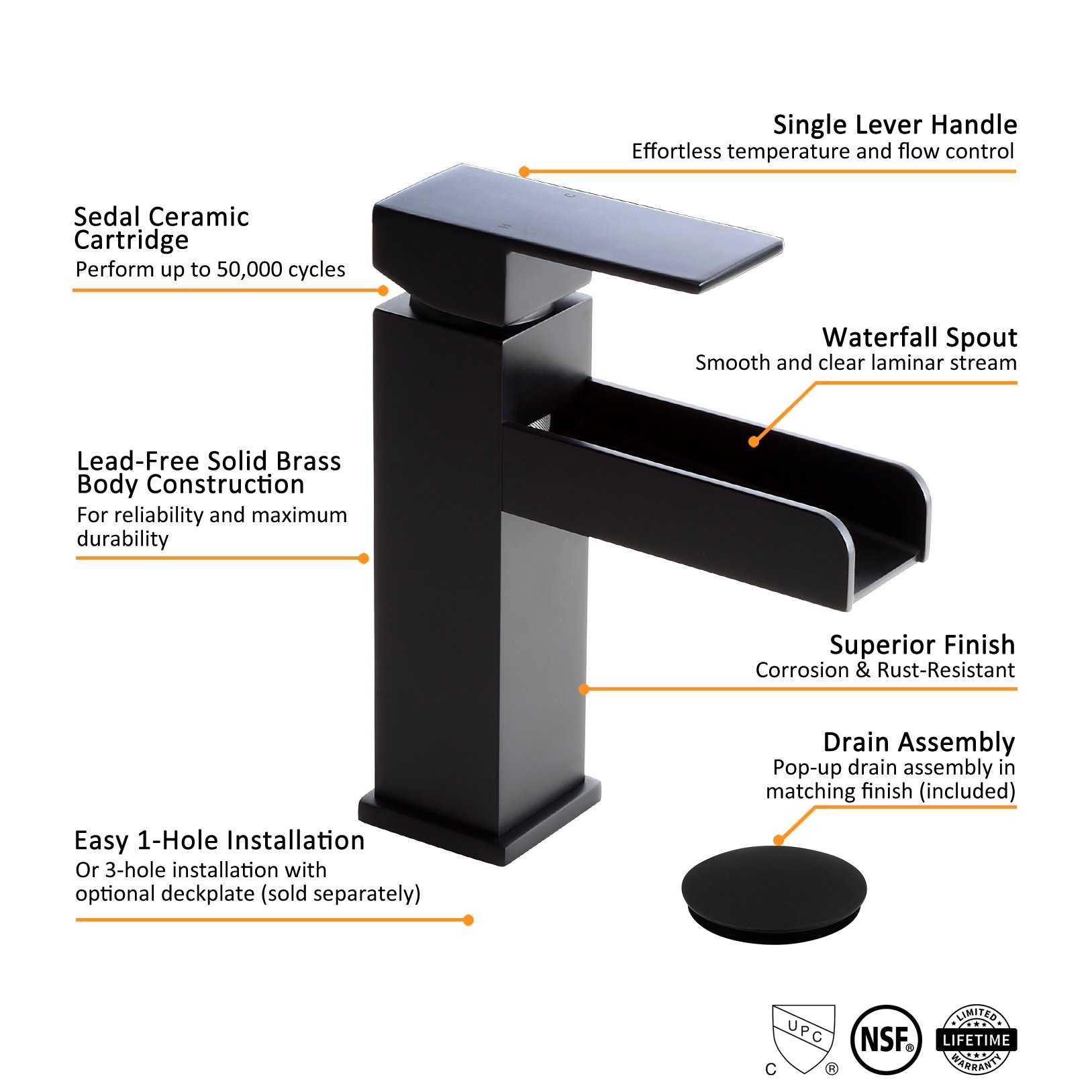 HMR Modern Single Handle 1-Hole Waterfall Bathroom Sink Faucet - Matte Black